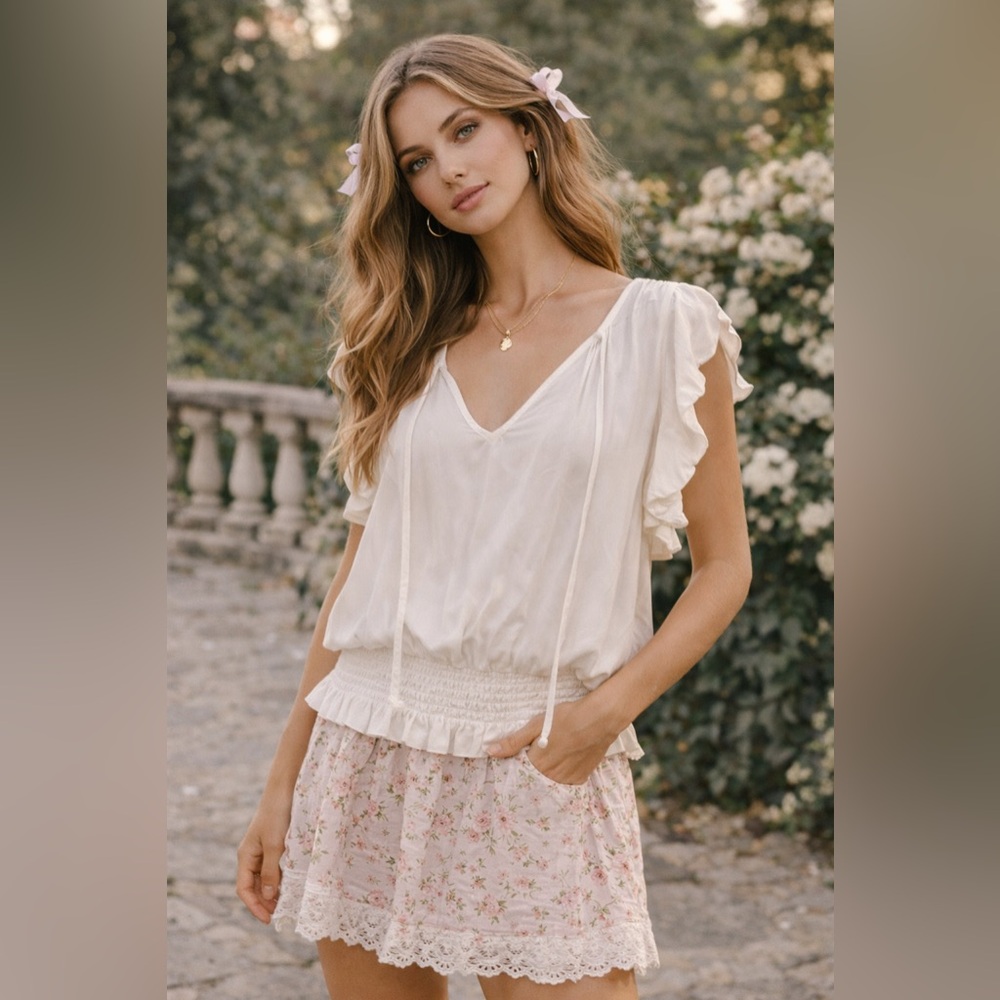 Women’s Cream Ruffle Sleeve V-Neck Top